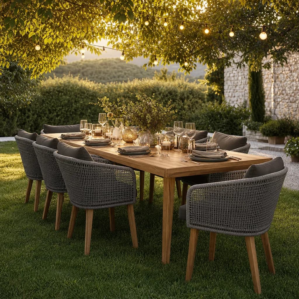 Outdoor dining set laid for dinner in the garden