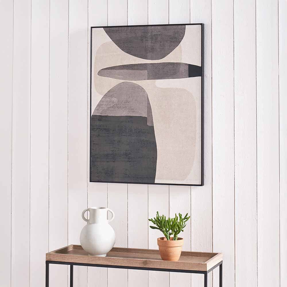Abstract Cream Grey & Black Canvas Wall Art – Modern Neutral Oval Design with Slim Black Wooden Frame 80x60cm