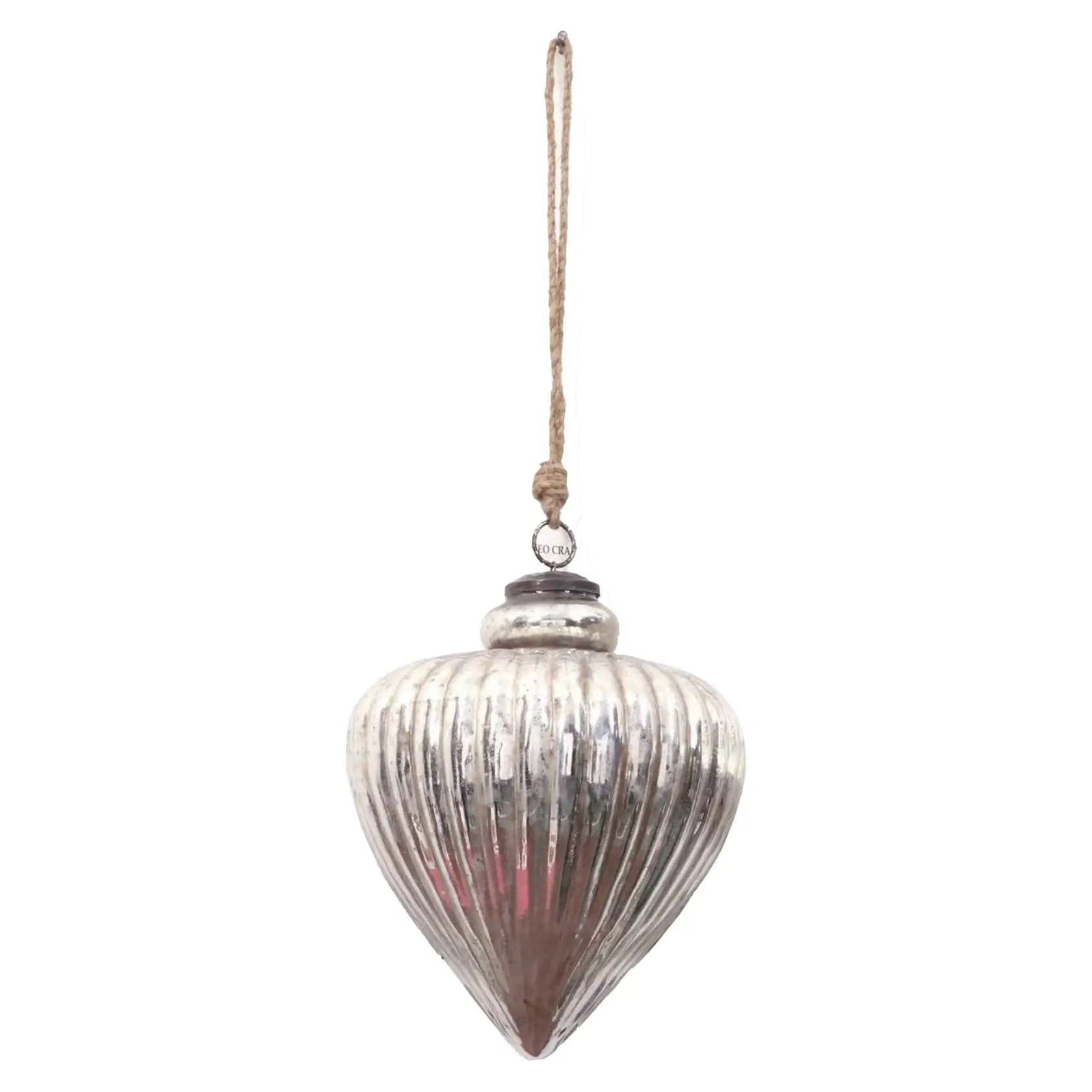 Large Antique Silver Fluted Teardrop Hanging Glass Bauble 17cm